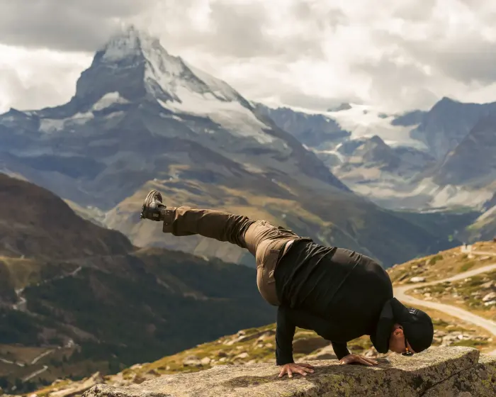 Handstand on a ridge in front of the Matterhorn