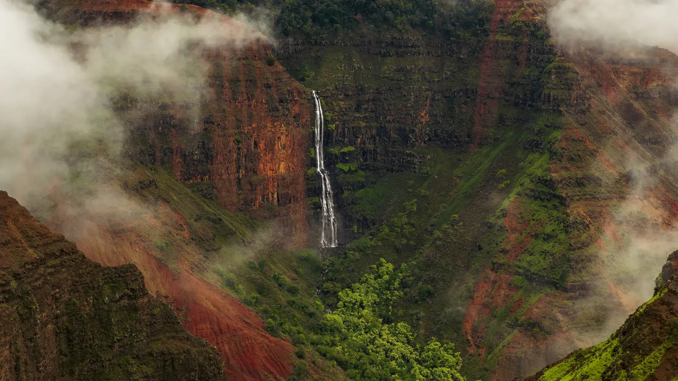 Waterfall dropping into a green canyon