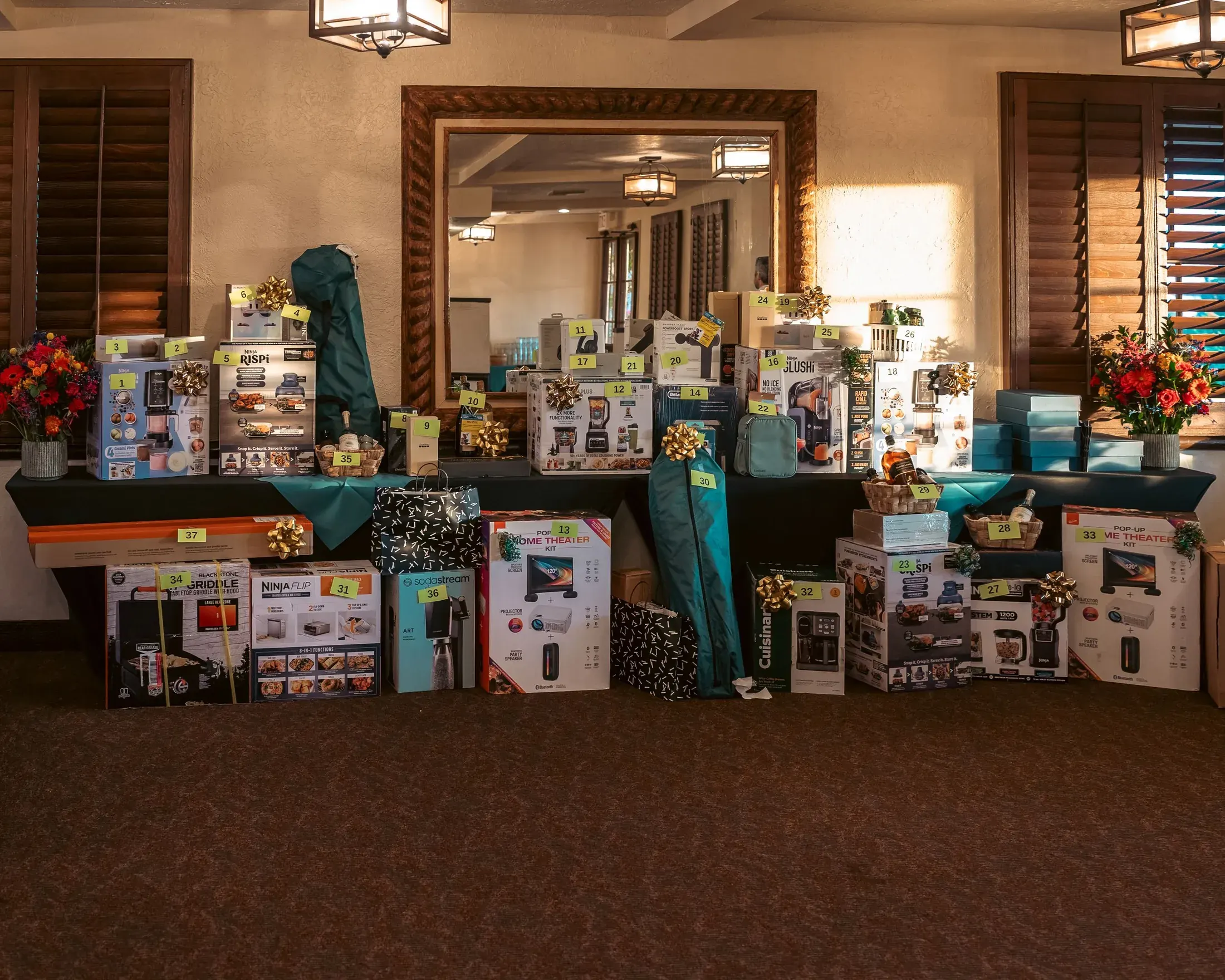 Raffle prizes on display at a fundraiser