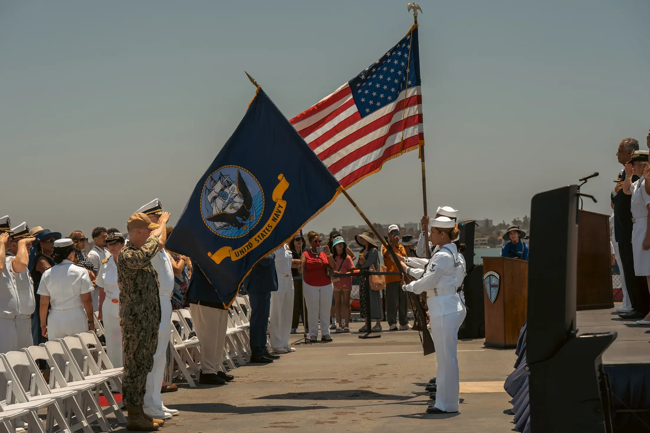 Color guard presenting the flags at a Navy ceremony